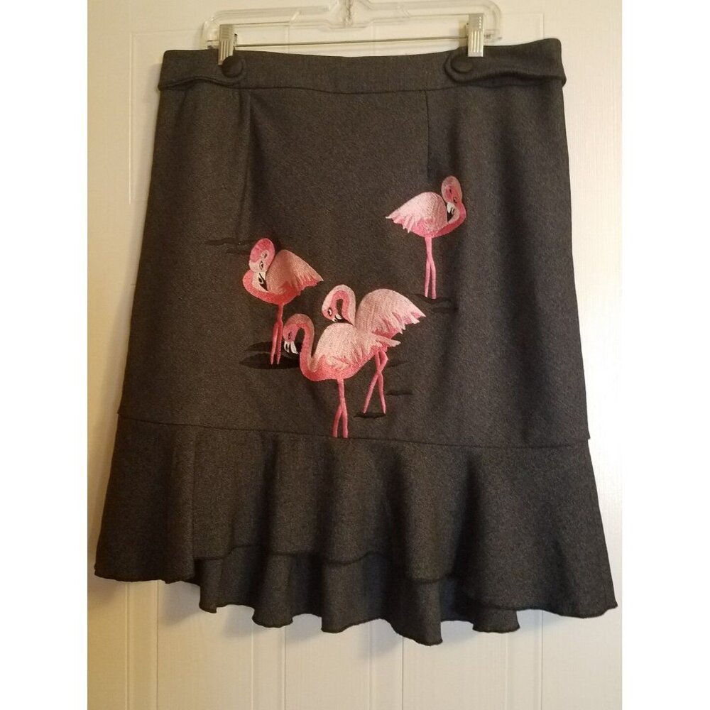 eShakti Gray Skirt with Pink Flamingos Embroidered and Ruffled Hem Size 18